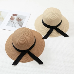 Women Japanese Style Straw Sun Hat Elegant Paper Straw Wide Brim Beach Hat With Chic Black Ribbon Bow Summer Vacation Hat