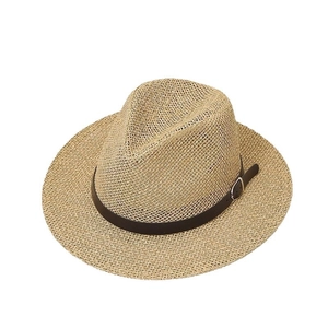 Classic woven straw sun hat with brown leather band and adjustable silver buckle