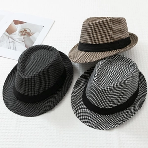 Vintage British Style Hounds Tooth Fedora Hat For Men Fashion Jazz Gentleman Hat Autumn Winter Warm Acrylic Fedora Hat