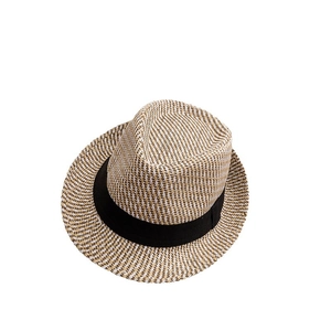 Classic straw fedora hat with black ribbon band shown from a high-angle view on white background
