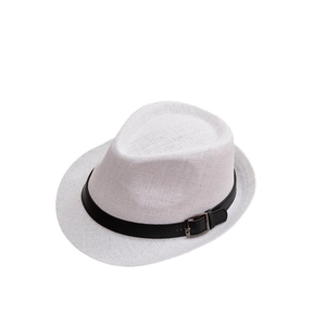 Classic white woven straw Panama hat with black leather band and silver metal buckle