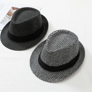 Classic houndstooth fedora hats for men in dark and light grey with black ribbon band