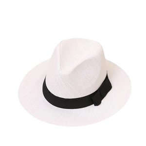 White breathable straw fedora hat with black ribbon and bow for summer beach sun protection