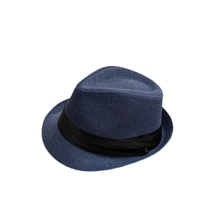 Navy blue summer fedora hat with black ribbon decoration on white background
