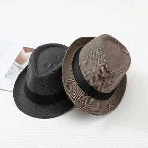 Classic herringbone fedora hats in dark grey and brown with black decorative bands