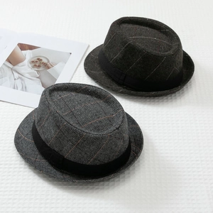 British retro checkered fedora hats for men in gray and brown with matte black decorative bands