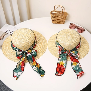 Women Summer Wheat Straw Sun Hat With Floral Satin Ribbon Bowknot Wide Brim Beach Hat Flat Top Vacation Sunshade Cap