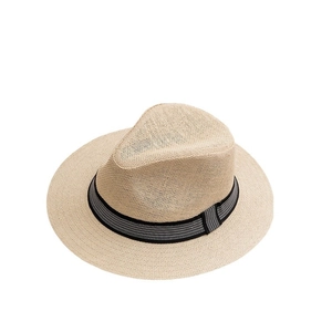Classic men's beige wide brim straw fedora hat with a stylish black and white ribbon band