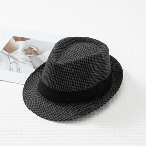 Classic British grey houndstooth fedora hat with black grosgrain ribbon for men