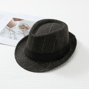 Top view of dark grey pinstripe Fedora hat with black grosgrain ribbon detail