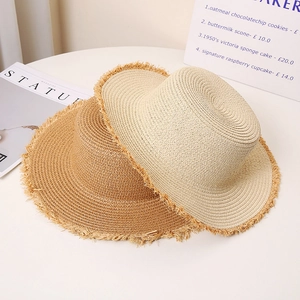 Women Paper Straw Boater Hat Wide Brim Frayed Edge Tassel Flat Top Sun Protection Beach Vacation Straw Hat For Summer