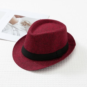 Classic burgundy fedora jazz hat with black band, stylish autumn winter headwear for men