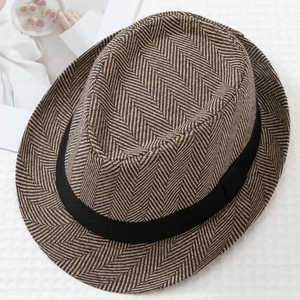 Detail of herringbone wool fedora hat with black ribbon on textured white background
