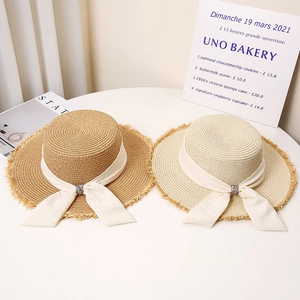 Women Flat Top Paper Straw Boater Hat With Bowknot Ribbon Rhinestone Frayed Edge Sun Protection Beach Holiday Hat