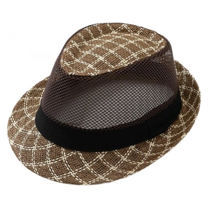 Cappello fedora da uomo in mesh traspirante marrone e bianco con fascia decorativa nera