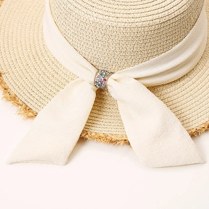 Flat top straw sun hat with wide brim, elegant chiffon bow and multicolor rhinestone buckle