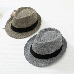 Classic men's wool jazz fedora hats in light tan and grey with black ribbon band