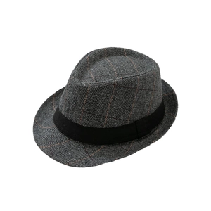 Classic dark grey herringbone trilby hat with orange windowpane pattern and black ribbon