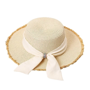 Flat top straw sun hat with large brim, decorative ribbon and jeweled buckle detail