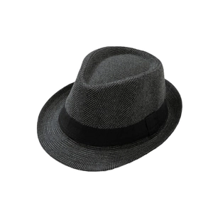 Classic dark grey herringbone fedora hat with black band, stylish retro British jazz style