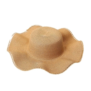 DIY khaki straw beach hat with wavy brim and white lace trim for summer vacation sun protection