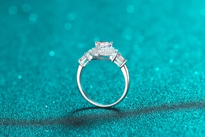 Macro shot of S925 sterling silver ring with moissanite and micro-pave crystals