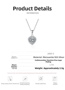 Vue détaillée du collier coeur en argent 925 avec pendentif moissanite de 1,0ct