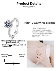Détail d'une bague moissanite 2 carats avec serti à six griffes et anneau en argent rhodié