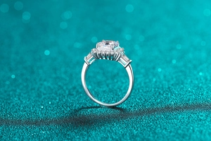 Detailed side view of S925 sterling silver ring with Asscher cut moissanite and side stones