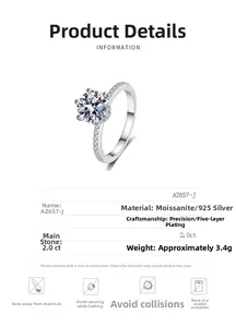 Détails de la bague en argent 925 avec moissanite 2ct et sertissage classique à six griffes