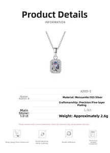 Detail view of 925 sterling silver necklace with 1ct radiant cut emerald moissanite pendant