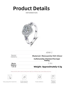 Detail view of heart-cut moissanite ring with S925 silver specs and size parameters