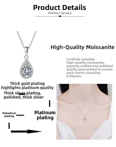 Detail of pear cut moissanite necklace showing multi-layer rhodium plating and metal texture