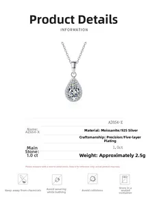 Macro shot of 925 silver necklace with 1ct pear-shaped moissanite and halo setting detail