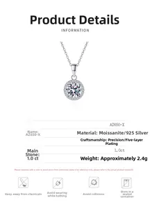 Spécifications détaillées du pendentif Moissanite 1ct avec chaîne en argent 925