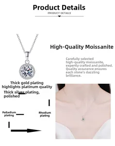 Vue détaillée du pendentif moissanite halo avec placage en argent S925 et rhodium