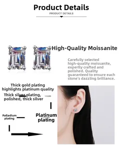 Macro view of emerald cut moissanite earrings with multi-layer rhodium plating