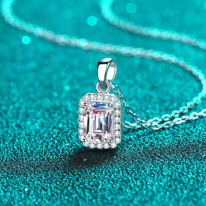 Elegant S925 sterling silver halo necklace with emerald-cut moissanite stone