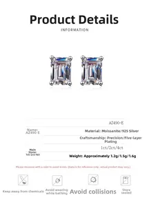 Detailed specs of S925 silver rectangular moissanite studs with five-layer plating