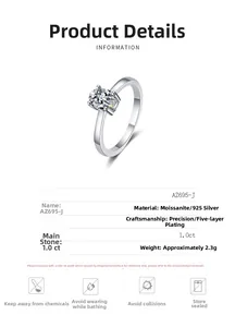 Vista dettagliata dell'anello in moissanite da 1.0ct con montatura in argento 925 e dati
