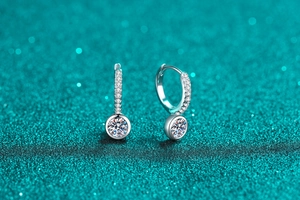 Close-up of S925 sterling silver earrings with round moissanite and sparkling stones