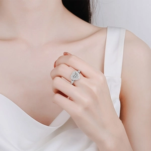Elegant S925 sterling silver heart-shaped moissanite ring worn on finger