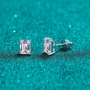 925 Sterling Silver Moissanite Stud Earrings For Women Emerald Cut Zirconia Elegant Geometric Four Prong Earring Jewelry