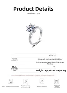 Detailed view of a 3ct moissanite ring with a 925 silver six-prong setting and side diamonds