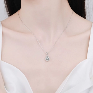 Elegant S925 sterling silver pear-cut moissanite pendant necklace worn by a model