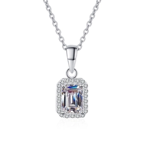 S925 Sterling Silver Necklace with Radiant Cut Emerald Moissanite Pendant for Women