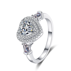 S925 silver heart moissanite ring with double halo and tapered baguette side stones