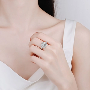Elegant S925 sterling silver ring with 2-carat Asscher cut moissanite worn by a model