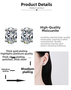 Detail of oval cut moissanite earrings with four-prong setting and polished plating