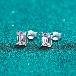 Elegant S925 sterling silver stud earrings with emerald cut moissanite in four-prong setting